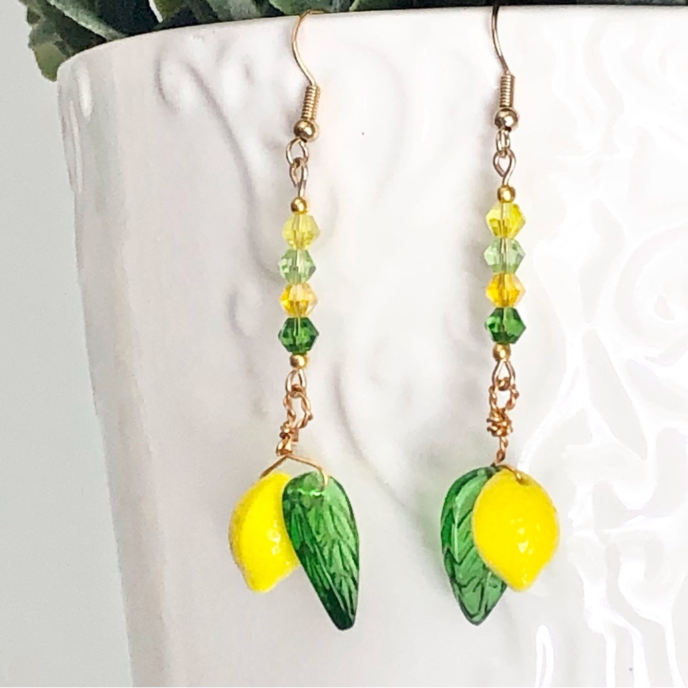 New Handmade Playful Glass Lemon Drop Citrus Fruit Yellow and Green Earrings - Picture 7 of 11